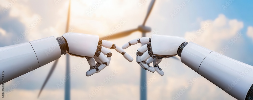 Poster clean energy wind management concept. robotic hands reaching towards each other against a backdrop o