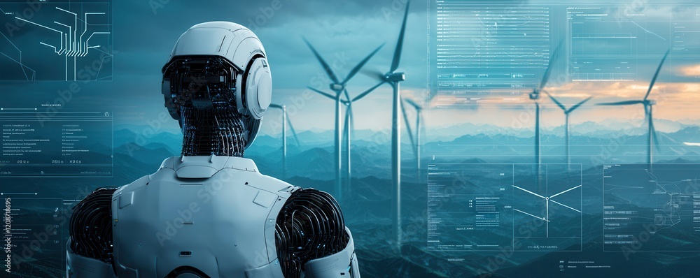 Poster clean energy wind management Concept. A robot observes a landscape with wind turbines and digital data overlay.