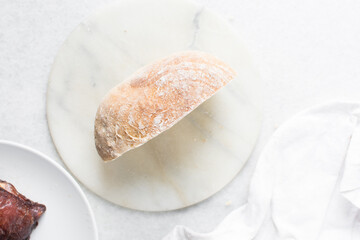 Overhead view of sliced homemade artisan bread, top view of baked sourdough artisan bread slices