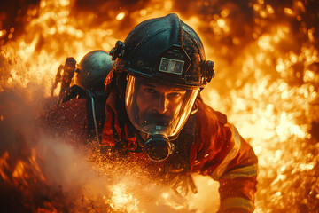 A firefighter in protective gear extinguishing a fire with a powerful water stream. A scene of courage and dedication