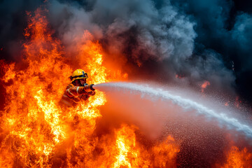 A firefighter in protective gear extinguishing a fire with a powerful water stream. A scene of courage and dedication