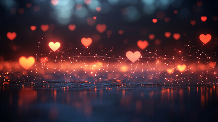 Fototapeta premium Celestial hearts connect constellations in a night sky of fate and destiny representing relationships with a minimalistic bright tone and blurred empty space evoking a sense of chaos and destiny