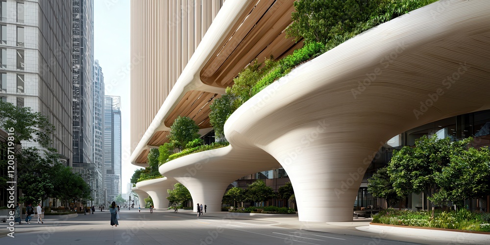 Poster clean energy wind management concept. modern architecture with lush greenery and unique structural d