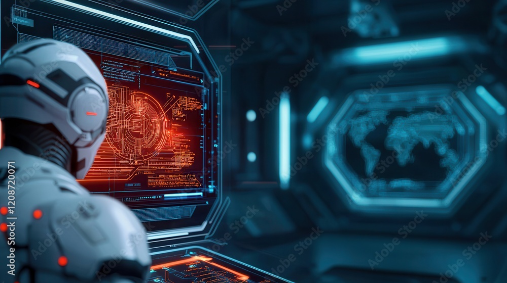Poster clean energy wind management Concept. Futuristic robot analyzing data on a high-tech screen in a sci-fi environment.