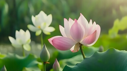 Fototapeta premium Pink and white lotus flowers in pond, sunlight background, serene nature scene, ideal for spa, meditation