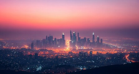 Naklejka premium City skyline at sunset, hazy cityscape with glowing lights.
