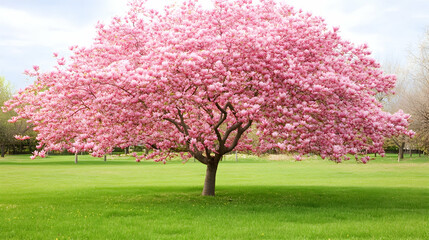 Pink cherry blossom tree in spring park, green grass background. Ideal for nature, spring, serenity themes