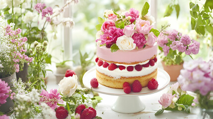 Pink floral raspberry cake on windowsill, spring flowers background, perfect for bakery website