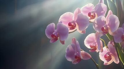 Pink orchids blooming in sunlight, dark background, nature serenity, ideal for wellness websites