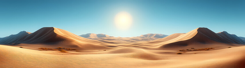 A desert with curving dunes captured with a fish-eye effect. A vast landscape of golden sand and blue sky creates a sense of infinity