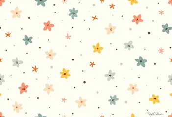 カラフルな漫画風の花柄パターン、シームレス、シンプルな形、パステル色調、白い背景、黒い点、日本の木版画プリント、気まぐれ、子供用生地。

