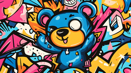 Fototapeta premium Playful blue bear graffiti art, vibrant background, fun design, kids' apparel