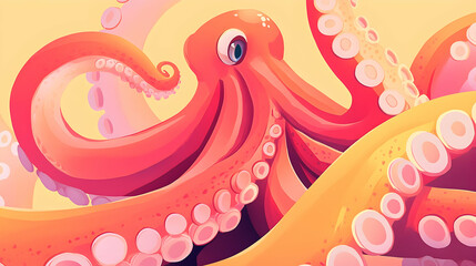 Playful Octopus in Ocean, Orange & Yellow, Cartoon Style, Children's Book Illustration