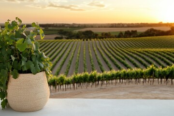 Lush grapevines stretch across the landscape under a golden sunset. A decorative pot with vibrant green leaves adds charm to the serene vineyard setting