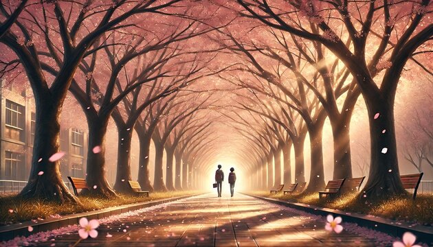 A serene farewell scene set under a picturesque cherry blossom tunnel, capturing a bittersweet moment with warm pastel tones and a magical morning glow
