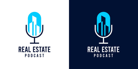 Real estate property podcast logo design icon template. Microphone icon with town city building podcast vector illustration design symbol. Urban talk podcast logo icon.