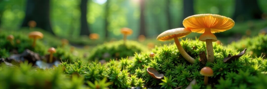 Mossy forest floor with Parasolpilz mushrooms, undergrowth, nature, lichen