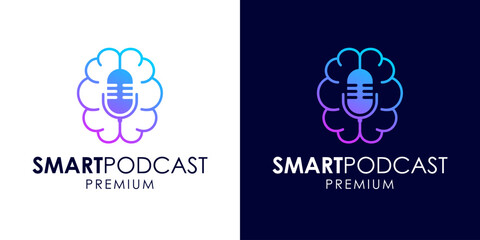Smart podcast logo icon design template. Brain and microphone icon symbol vector illustration for education. Think podcast logo. Broadcast entertainment business logo template vector illustration.