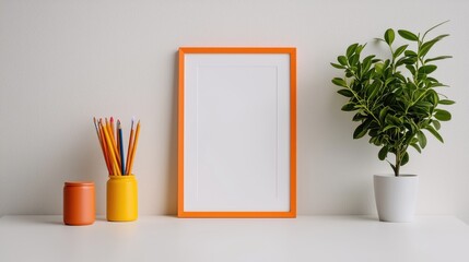 Minimalist Workspace with Blank Picture Frame, Colorful Stationery, and Lush Green Plant on a Clean Tabletop for Creative Inspiration and Organization