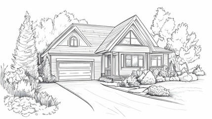 Ranch house architectural sketch, landscaped yard, driveway, trees; home design illustration