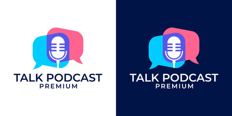 Chat or talk icon logo with microphone and bubble illustration template. Podcast or Radio Logo design using a Microphone and Bubble chat or talk icon. Talk business logo symbol vector illustration.