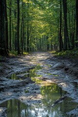 Obraz premium Sunlit forest path, muddy, water reflections.