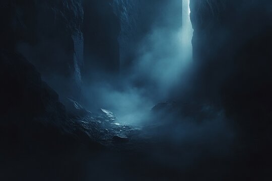 Dark, misty cave with light at the end.