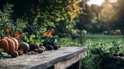Autumn Harvest  Pumpkins  Acorns    Fall Leaves on Rustic Wooden Table