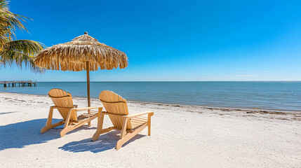 Relaxing beach chairs under a thatched umbrella, tranquil ocean view, sunny day, perfect for travel brochures