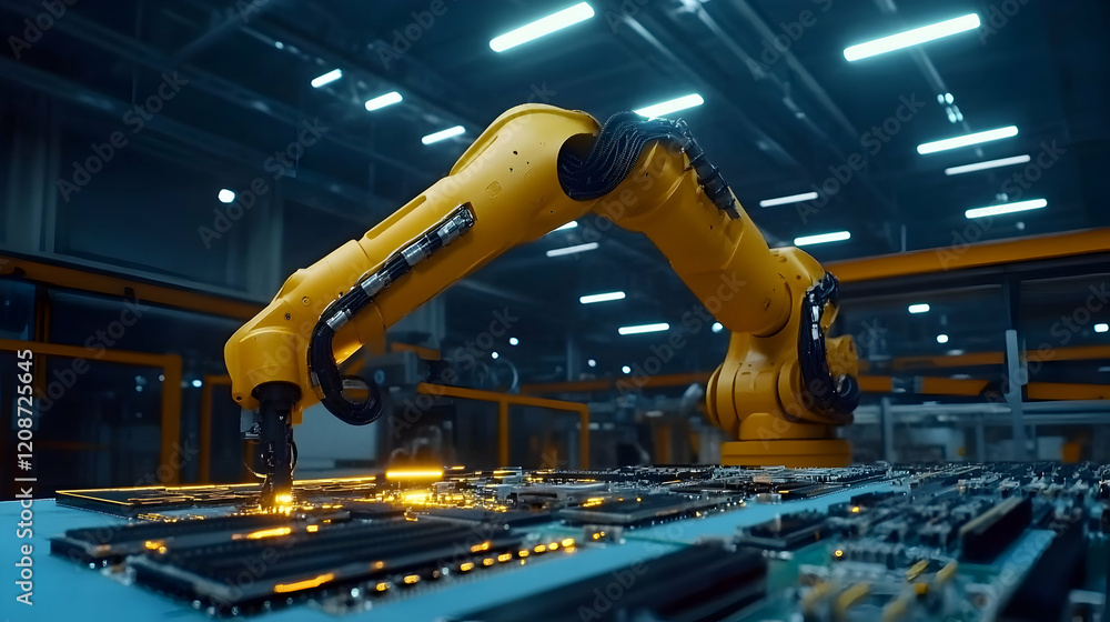 Poster robotic arm assembling circuit boards in a factory at night. use industrial automation