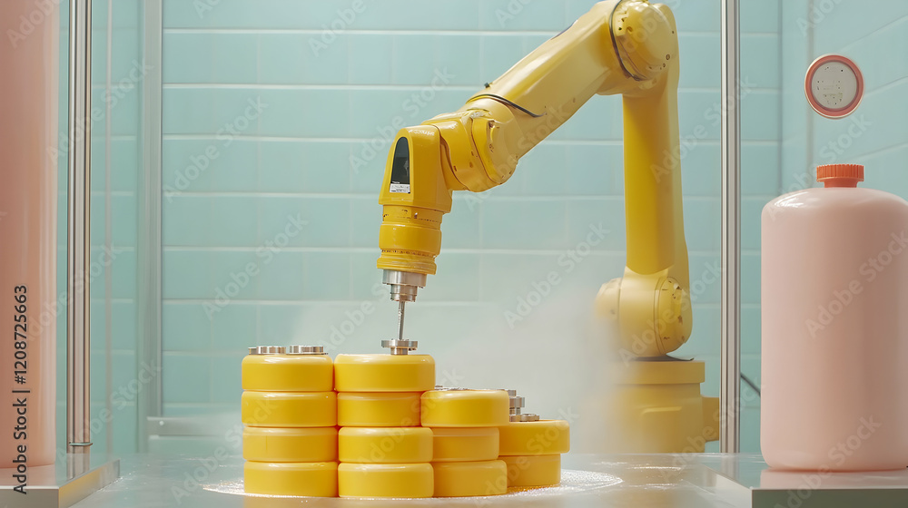 Poster robotic arm precisely drills yellow containers in a clean facility; production process; background s