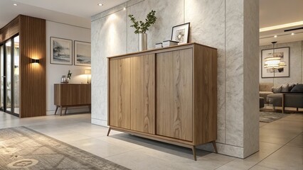 A large wooden cabinet with a vase of flowers on top of it