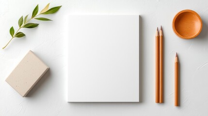 Blank Sketchpad Surrounded by Art Supplies Including Pencils, Eraser, Bowl and Olive Branch on Minimalist Background for Creative Inspiration