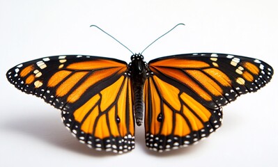 Fototapeta premium Close-up of a monarch butterfly with outstretched wings against a white background.