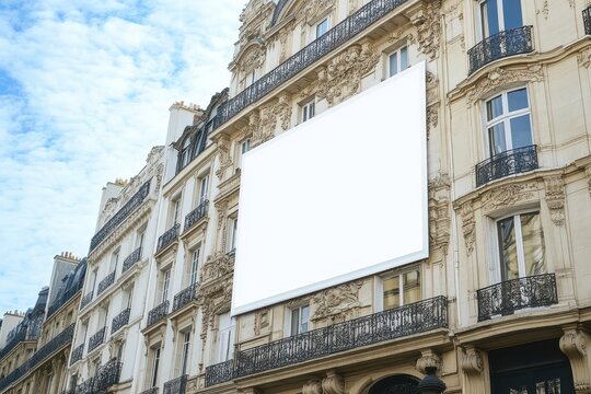 Blank billboard on a Parisian building. Ideal for advertising mockups, showcasing your brand or design on a large format.