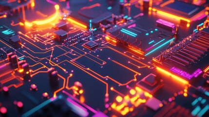 Obraz premium Circuit Board with Neon Lights