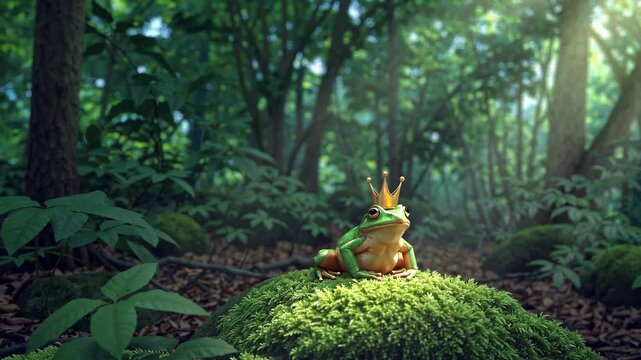 Frog with golden crown on mossy rock in lush green forest, fairy tale concept