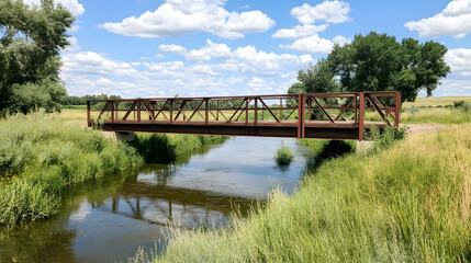 Obraz premium Rustic metal bridge over calm river, green landscape, summer sky. Ideal for travel brochures