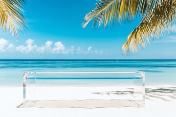 Transparent acrylic bench on white sandy beach, ocean background.