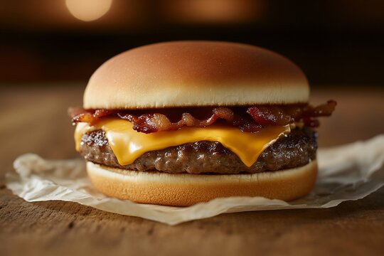 Juicy cheeseburger with crispy bacon on a wooden table.
