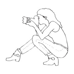 hand draw sketch simple vector, woman take a photo using DSLR with Big Lens
