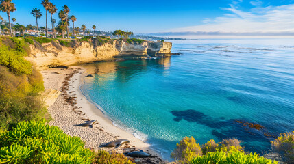 Seals bask on sunny California cove beach; ocean, cliffs, palm trees in background; ideal for travel brochures