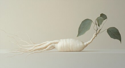 Close-up of a ginseng root with leaves on a neutral background. (1)