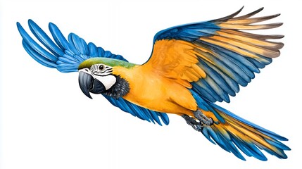 Fototapeta premium Colorful Macaw Flying Through Bright Blue Sky with Spread Wings