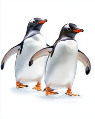 Fototapeta premium Two Playful Penguins Walking Together on a Snowy Background