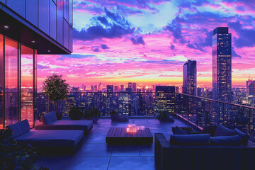 Fototapeta premium Aerial view of a city skyline at sunset with vibrant colors and silhouettes from a rooftop perspective showcasing urban architecture and streets