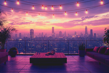 Balcony with a couch and a table overlooking a scenic view in a residential setting during daylight hours