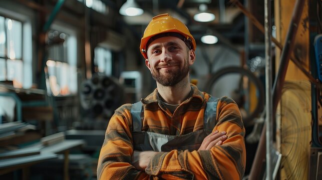 Young Caucasian male carpenter smiling confidently in a workshop with safety gear and warm lighting.