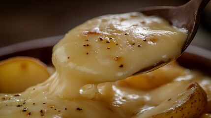 Close-up of creamy, melted cheese sauce over potatoes.
