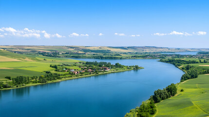 Fototapeta premium Serene river meandering through lush green valley, sunny day, village, idyllic landscape, perfect for travel brochures